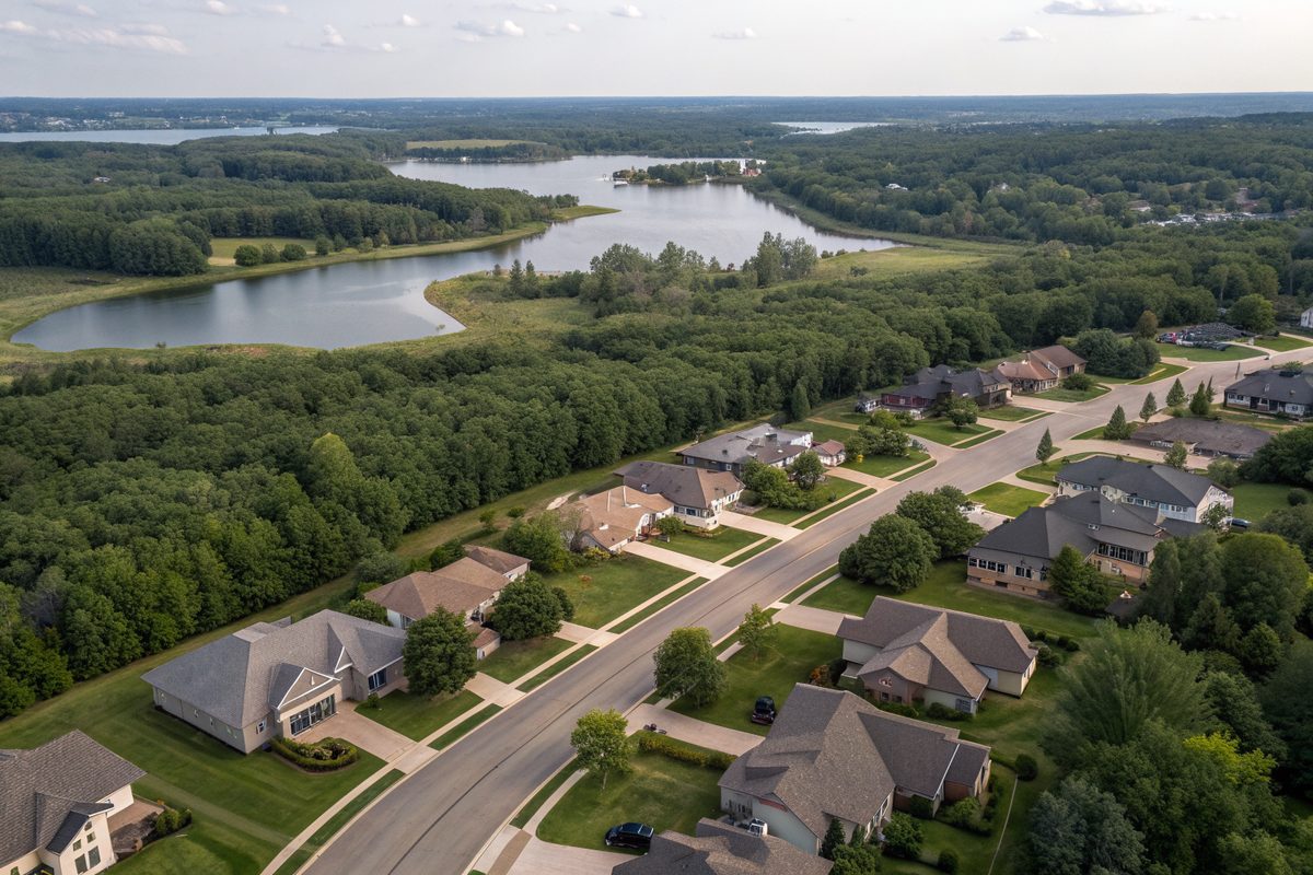 Aerial view of a suburb of shingle-roofed homes on curving streets beside a small lake and woods