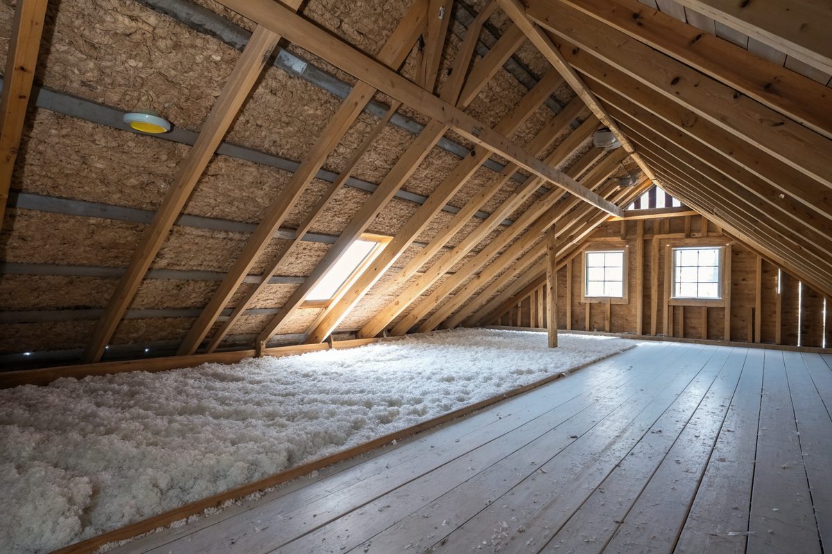 An attic with thick blown-in insulation, rafters and a soffit vent baffle