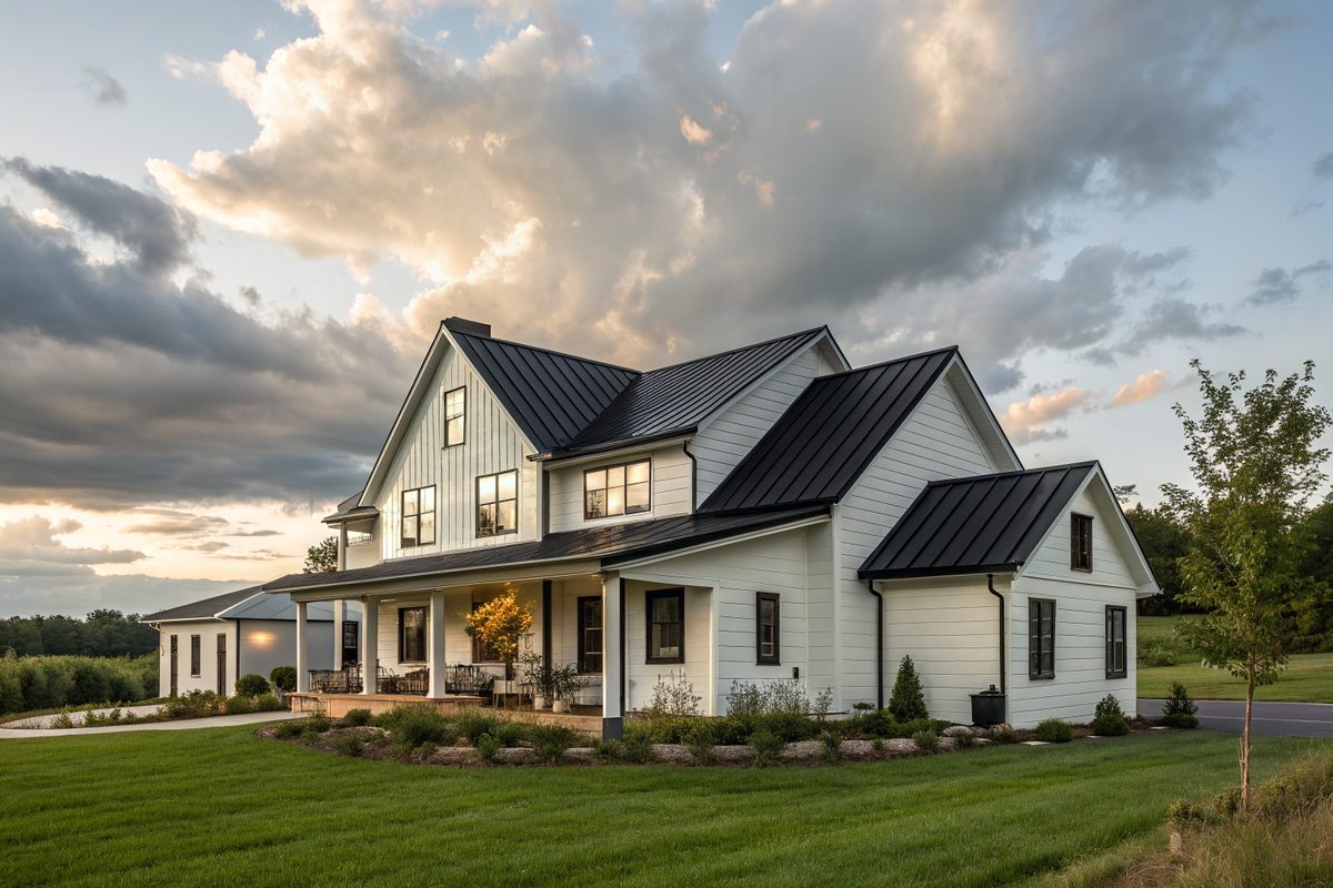A white farmhouse-style home with a black metal panel roof and a green lawn