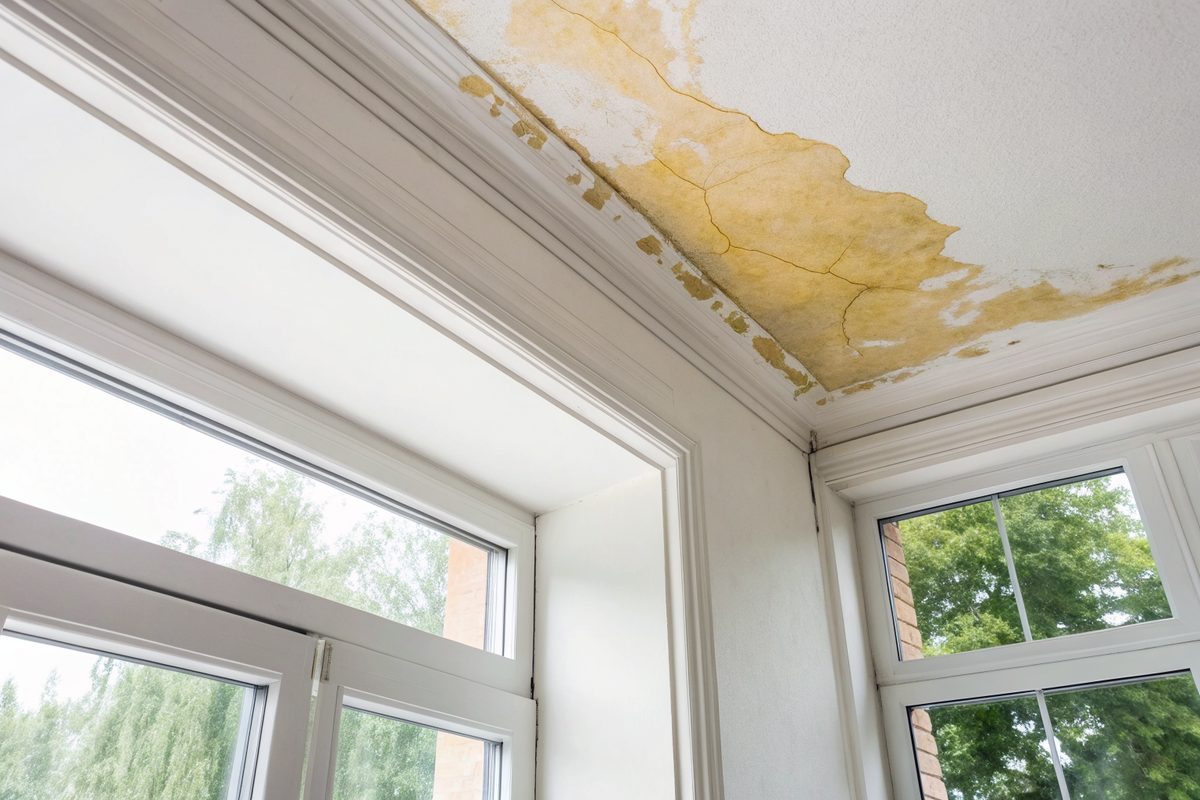 A yellow-brown water stain spreading across a white ceiling corner beside a window