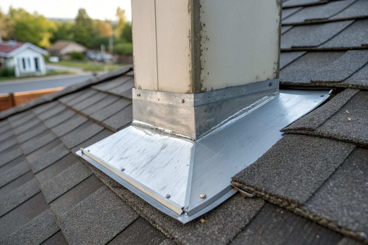 Metal flashing where a stucco chimney meets a dark shingle roof
