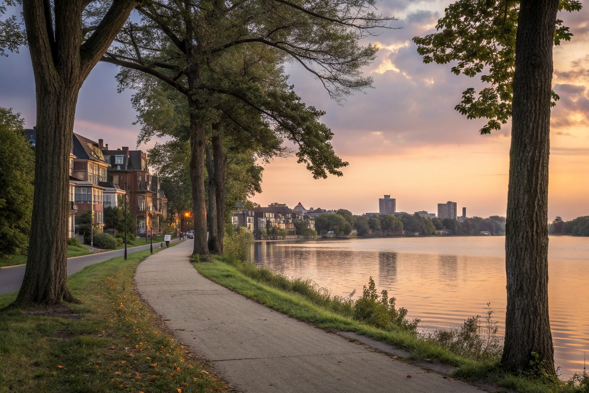 A walking path along a calm city lake with tall trees and houses on the far shore at sunset