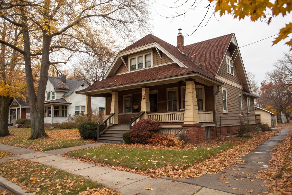 A Craftsman bungalow with a front porch, dormer and steep brown shingle roof in autumn