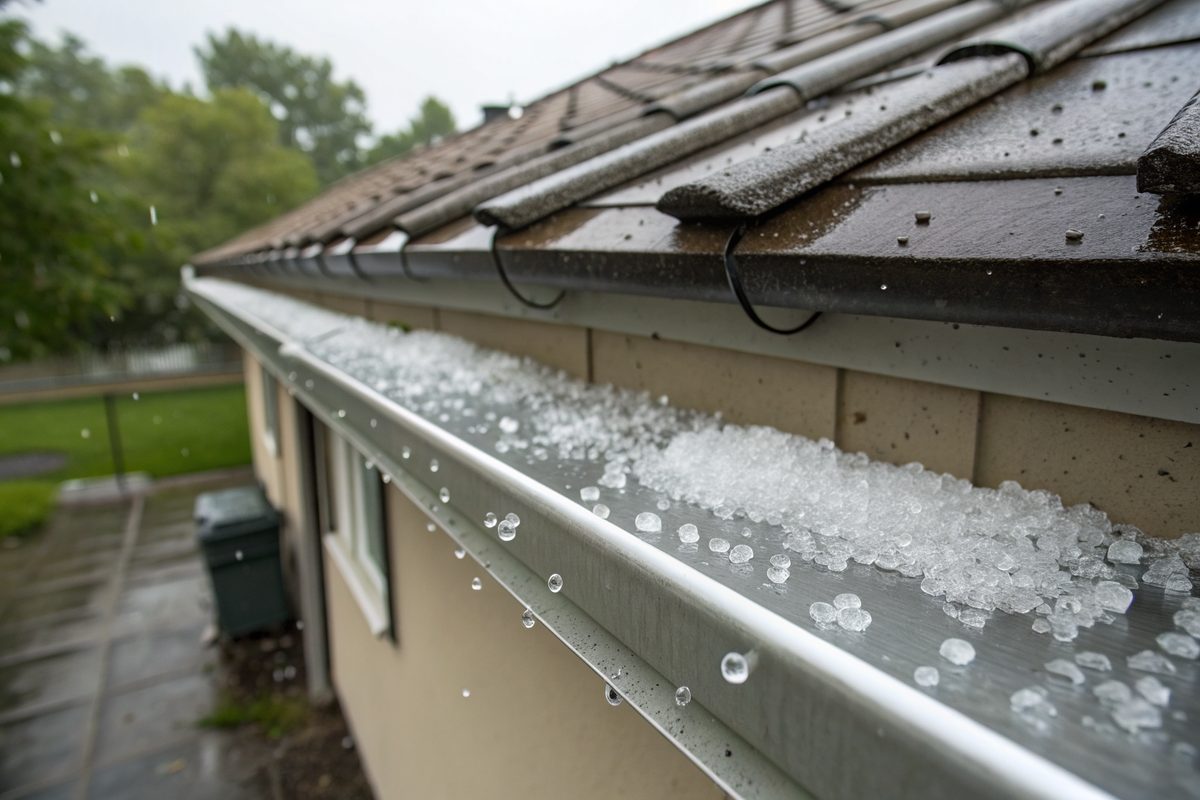 Hail piled in a metal gutter along a shingle roof edge after a storm