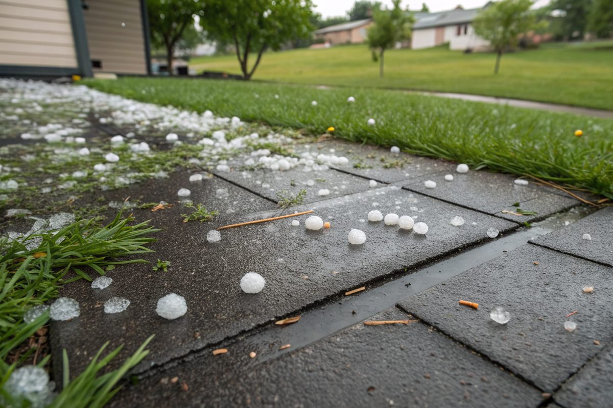 Hailstones scattered across dark gray shingles and the lawn after a summer storm