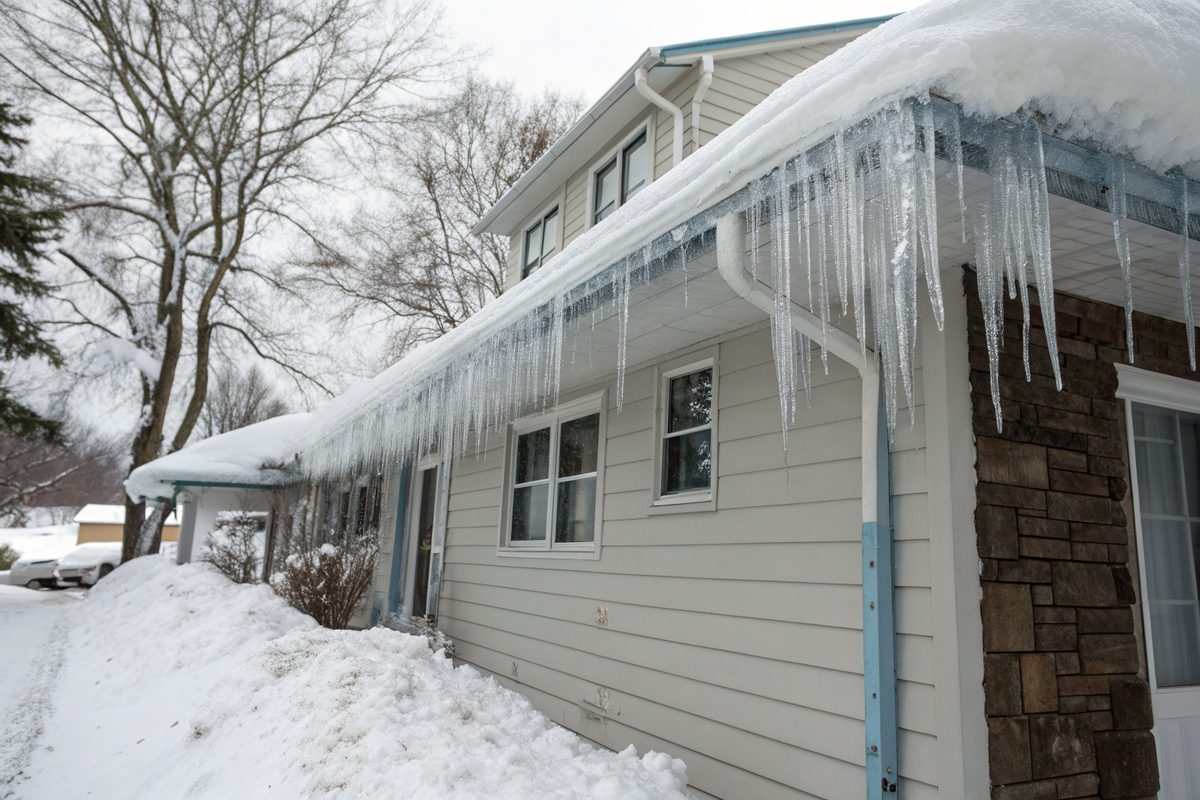 A ridge of ice and long icicles hanging from the snowy eave and gutter of a house