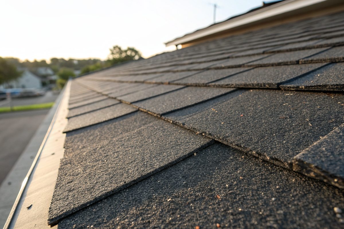 Close view of thick dimensional charcoal shingles in low sun