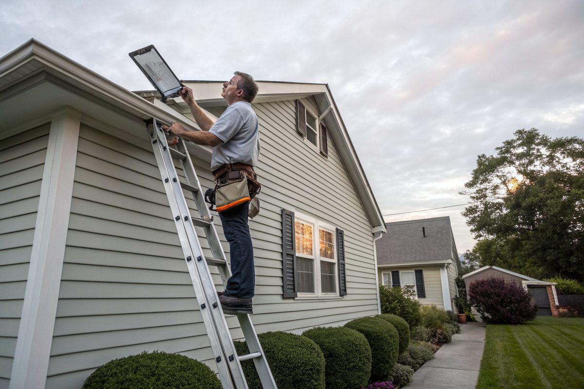 A man on a ladder with a tablet checking the gutter and roof edge of a sided house