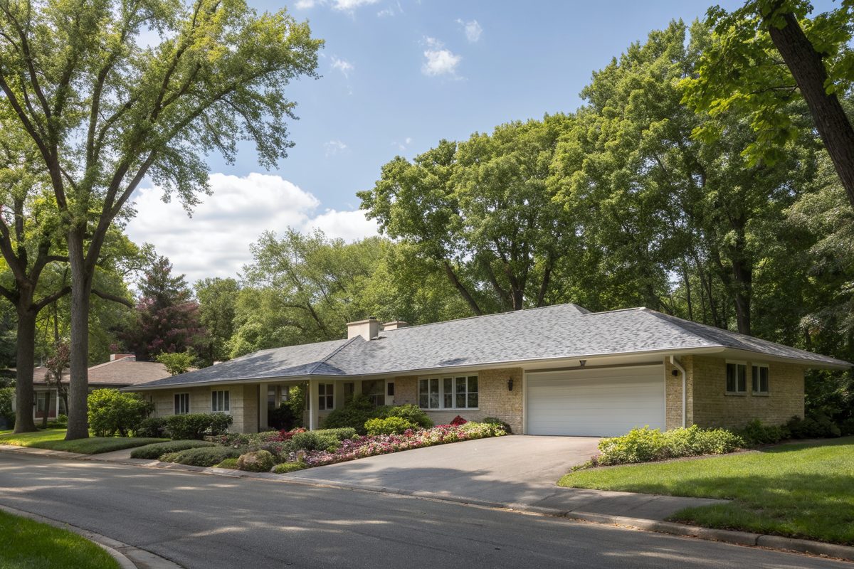 A one-story rambler with a long low gray shingle roof and attached garage on a tree-lined street