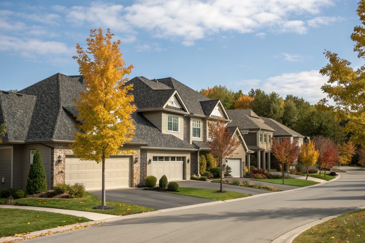 A cul-de-sac of newer two-story homes with charcoal shingle roofs and young maples in fall