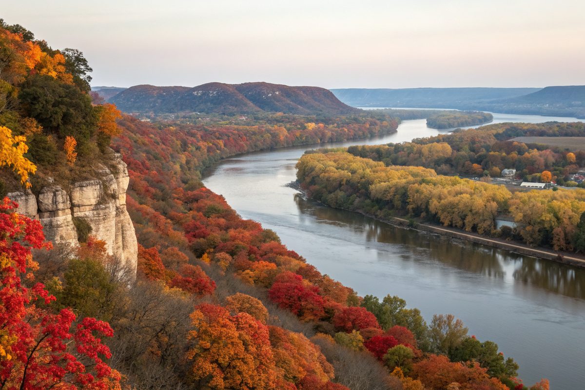 A broad river valley with wooded bluffs in fall color