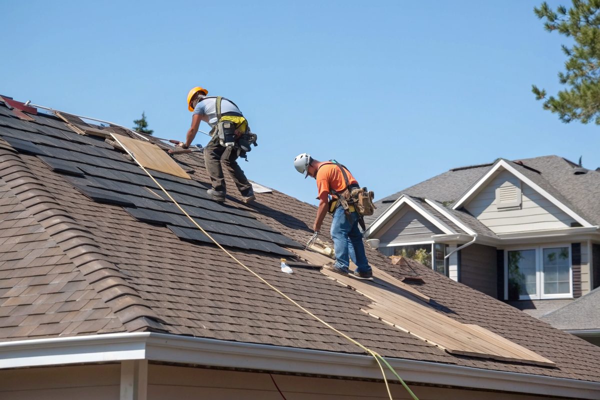 Two roofers in harnesses laying new brown architectural shingles on a sunny day