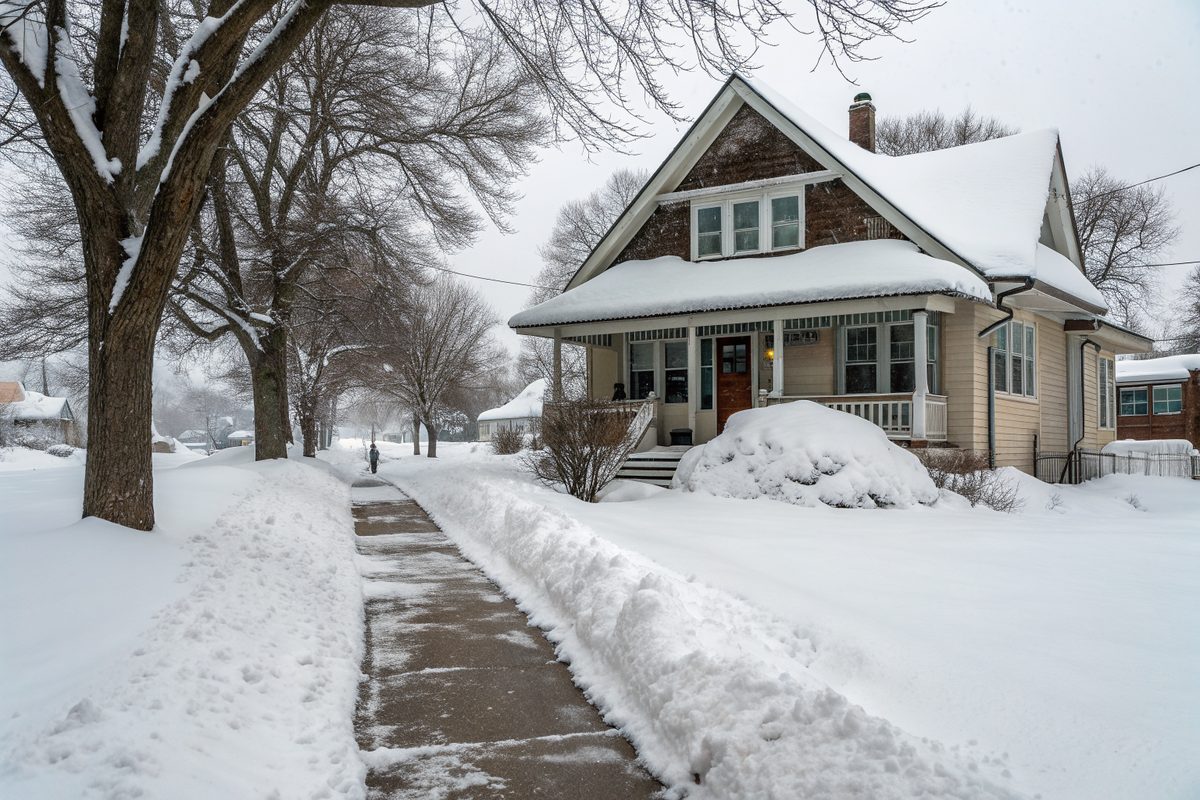 A story-and-a-half bungalow with deep snow on its steep roof and a shoveled sidewalk