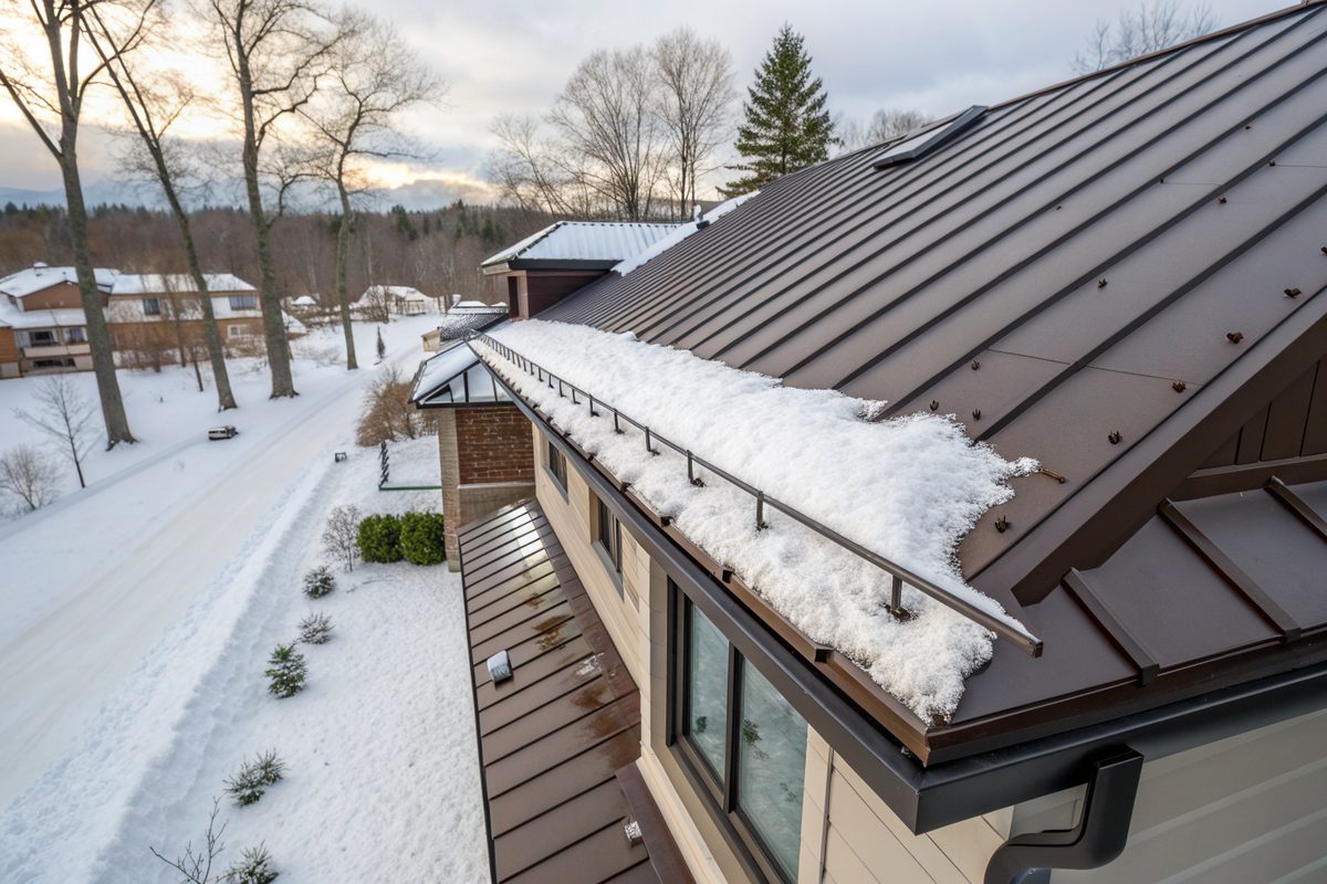 A brown standing-seam metal roof edge with snow guards holding fresh snow