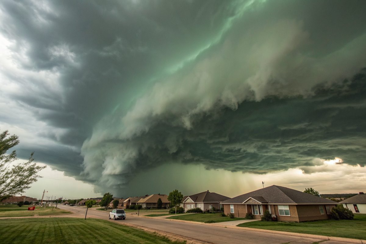 A dark green-gray supercell storm rolling toward a suburb of low shingle-roofed homes