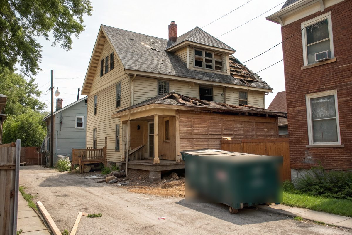 An older city house seen from the alley with its roof stripped to board decking and a dumpster below