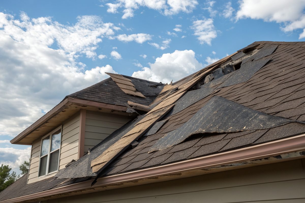 Wind-creased and torn shingles near the ridge of a brown roof under a cloudy sky